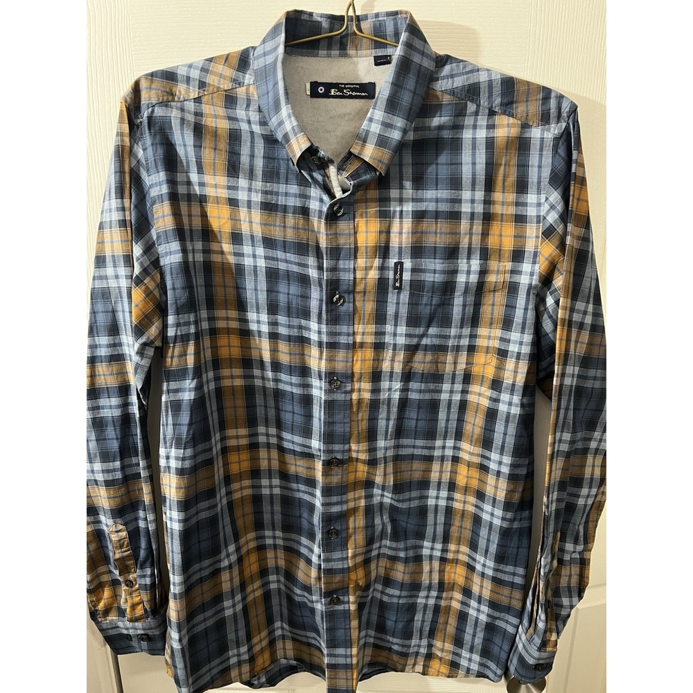 Ben Sherman Button Up Long Sleeve Check Plaid Shirt Size Large Blue‎ Yellow
